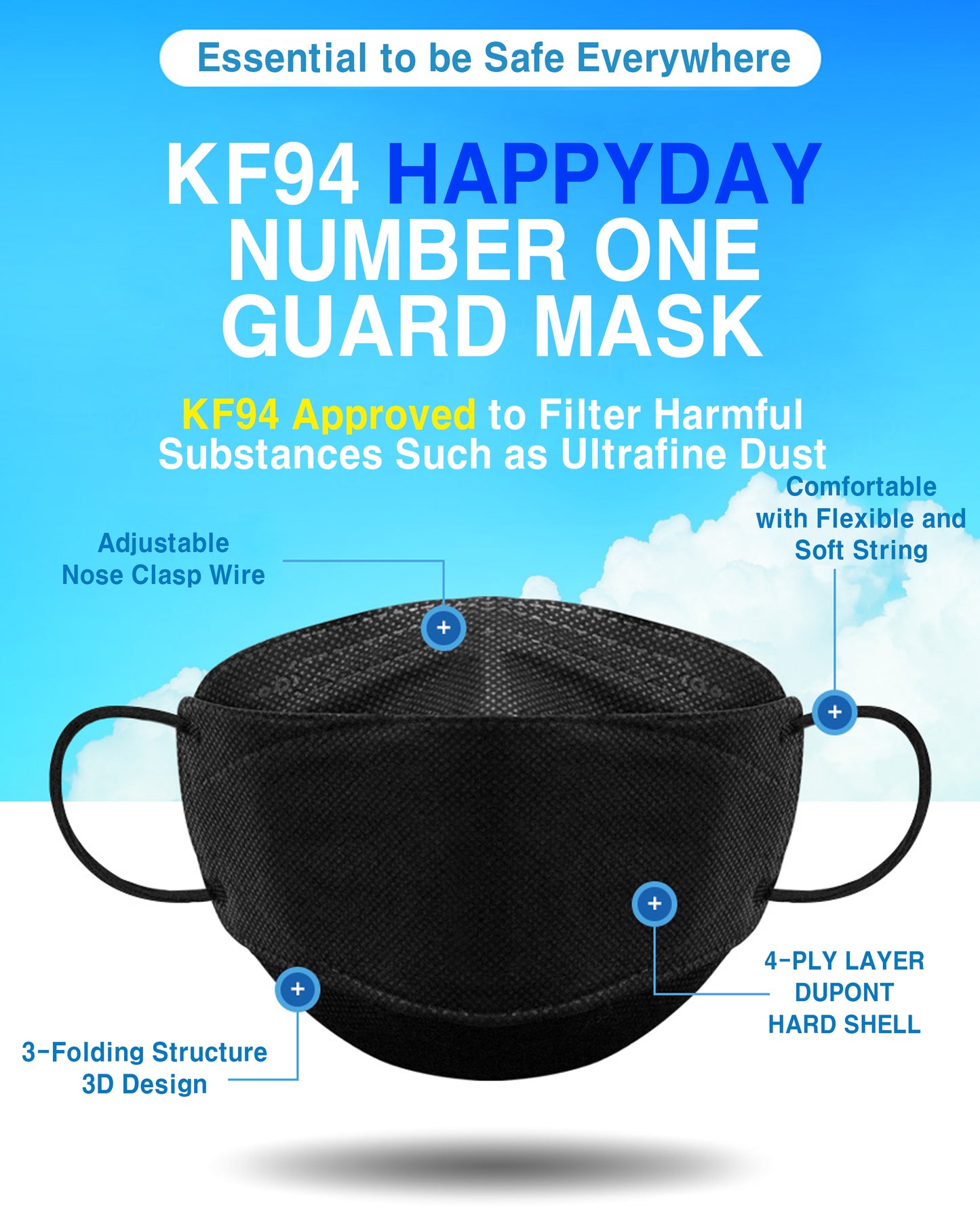 HAPPYDAY KF94 Number One Guard Black Face Mask for Adult (25 Packages)